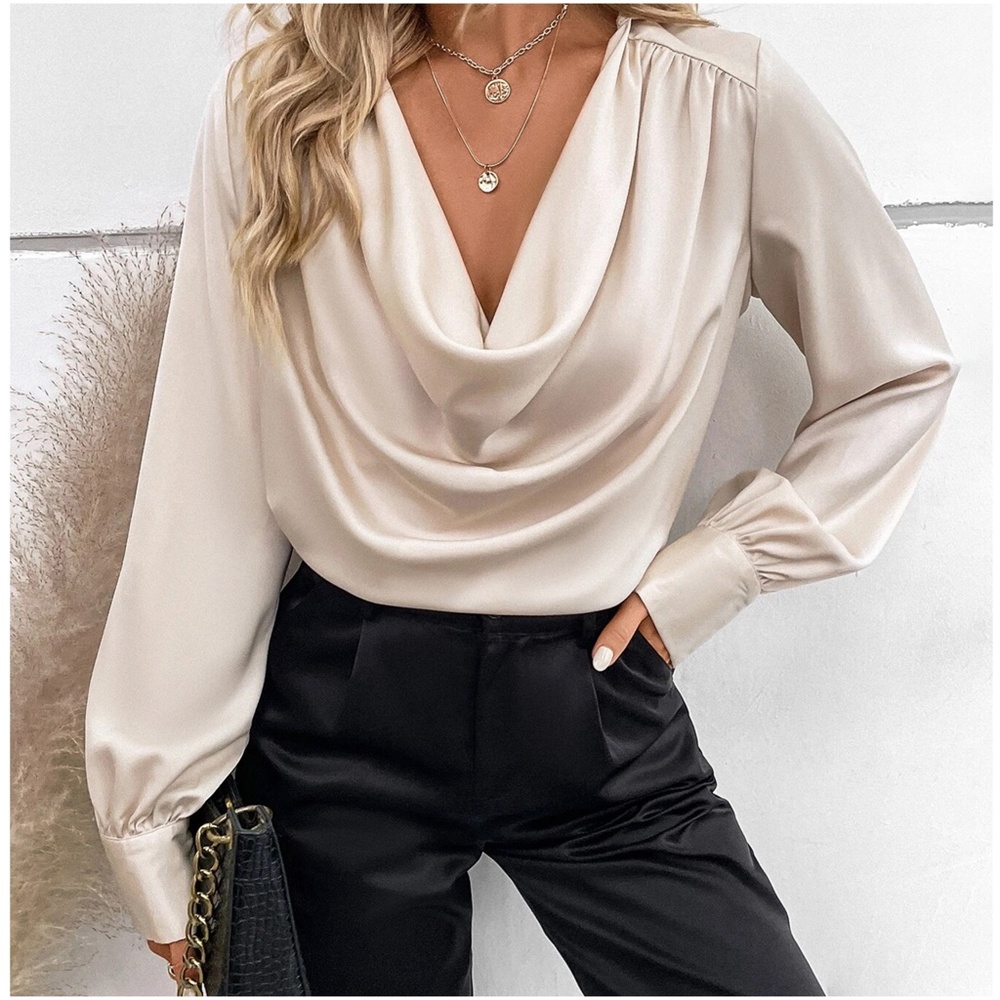 Luxe Draped Neck Office Work Blouse - Picture 2 of 4